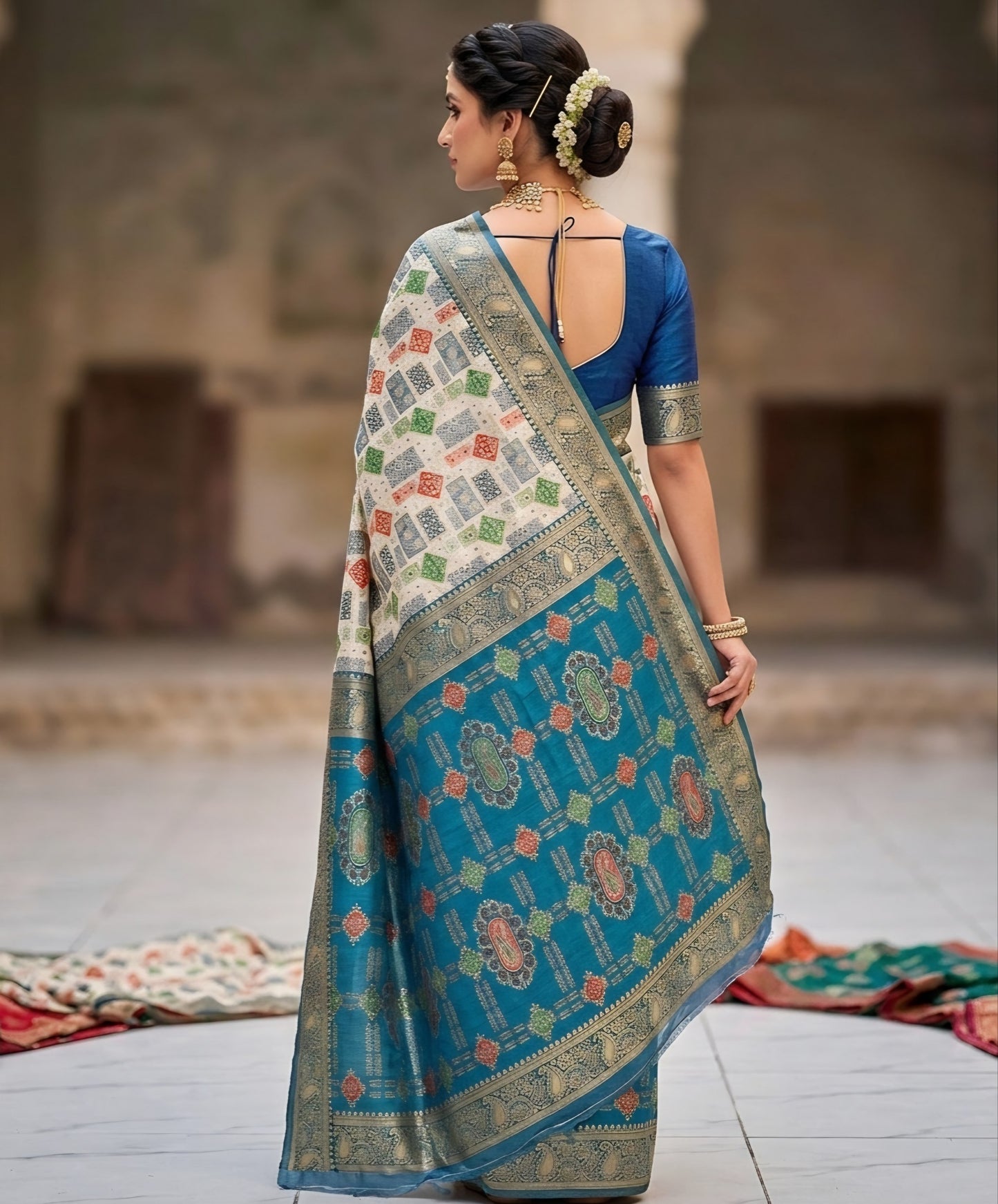 Vibrant Mosaic Cream & Peacock Teal Heritage Silk Saree