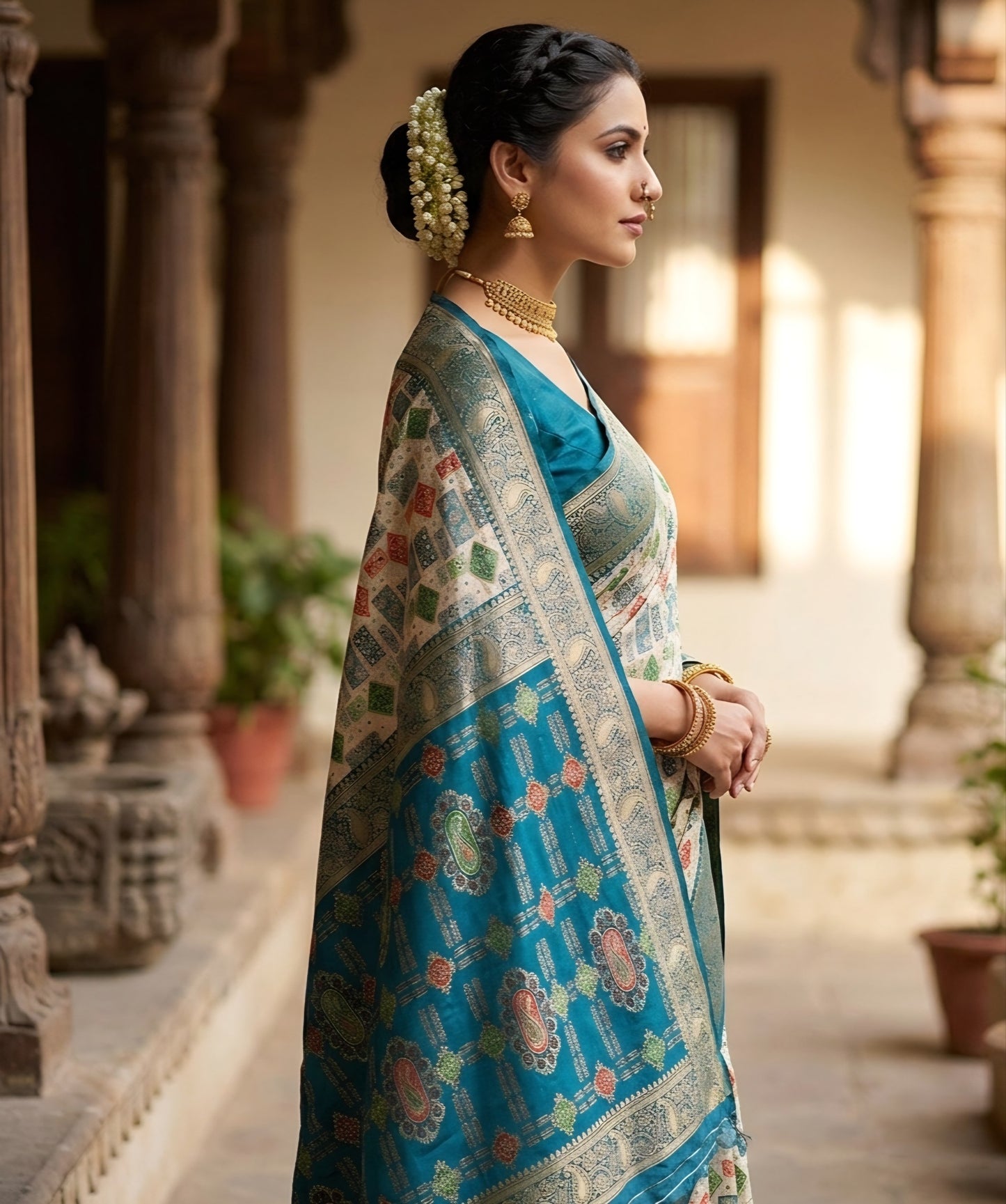 Vibrant Mosaic Cream & Peacock Teal Heritage Silk Saree