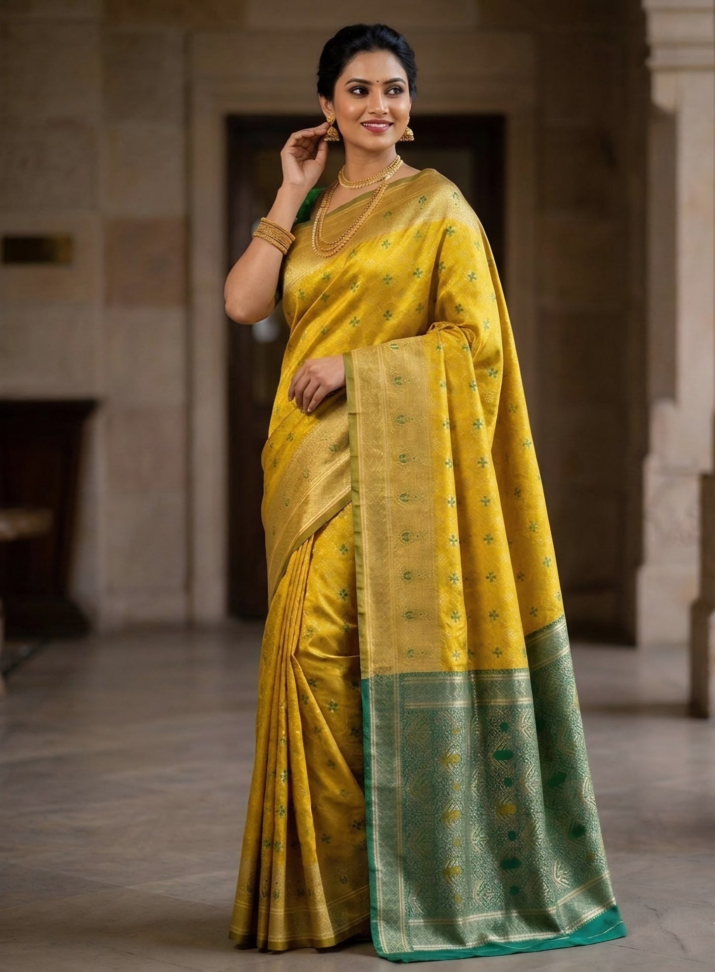 The Royal Mustard Yellow & Emerald Green Kanjivaram Silk Saree