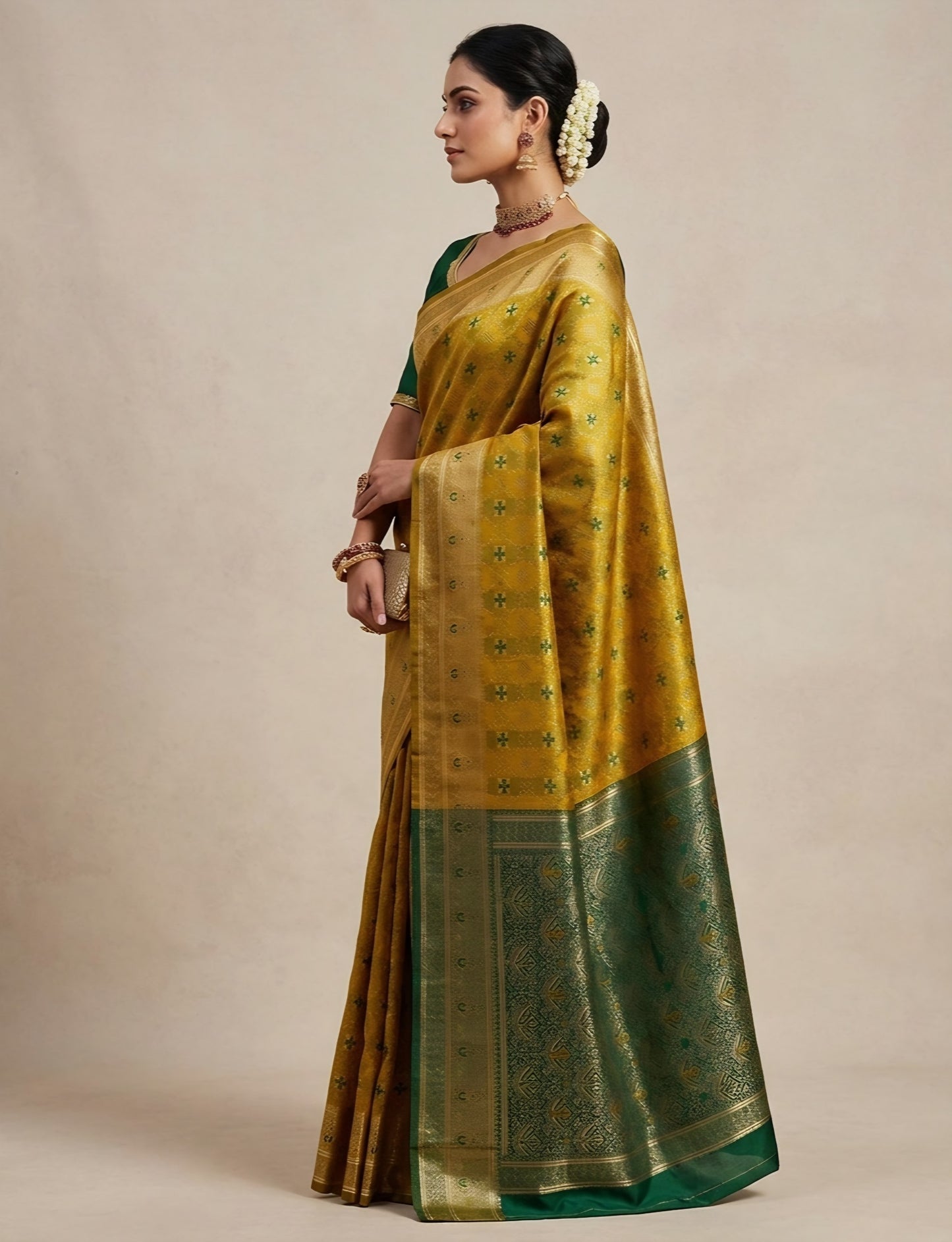 The Royal Mustard Yellow & Emerald Green Kanjivaram Silk Saree