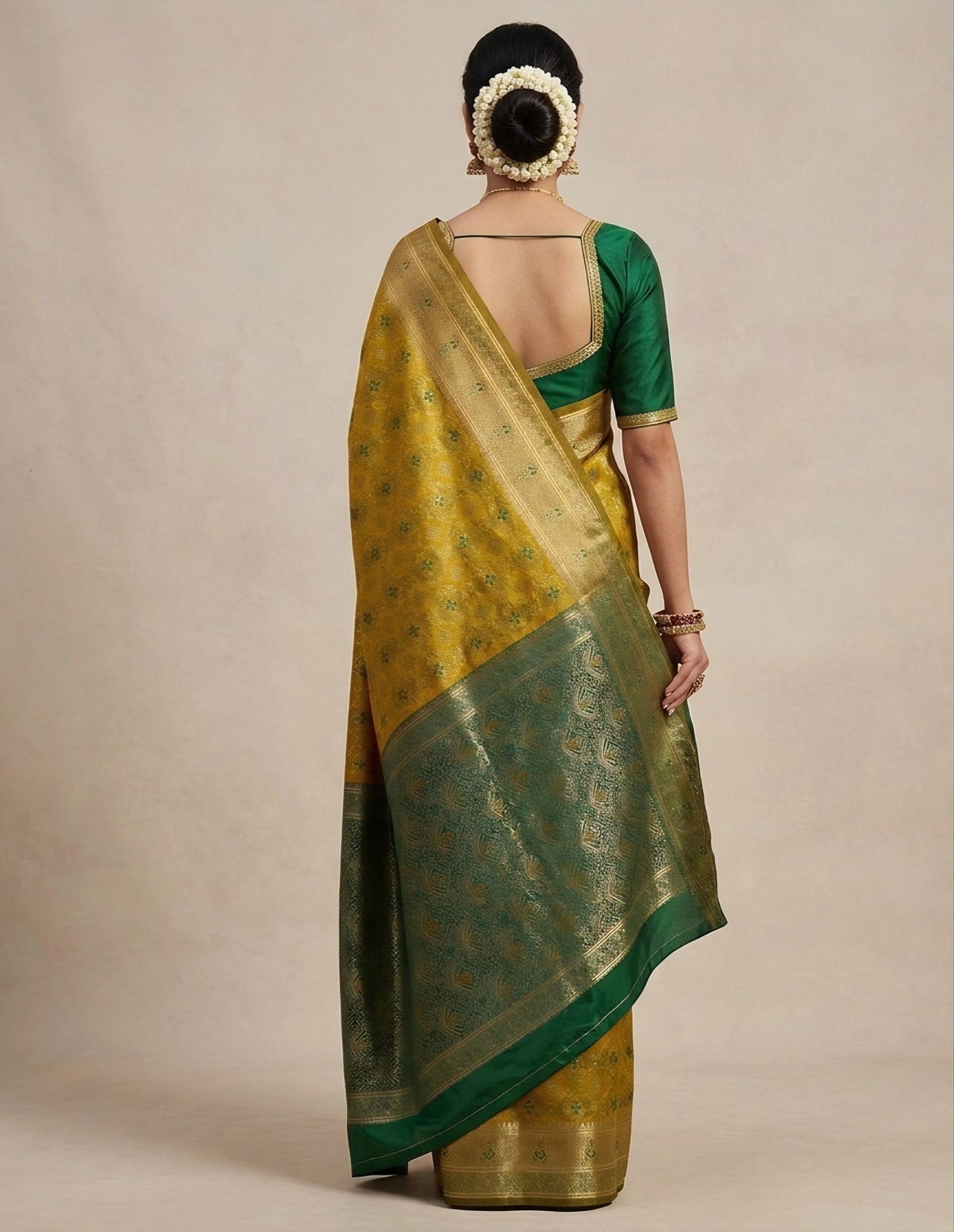 The Royal Mustard Yellow & Emerald Green Kanjivaram Silk Saree