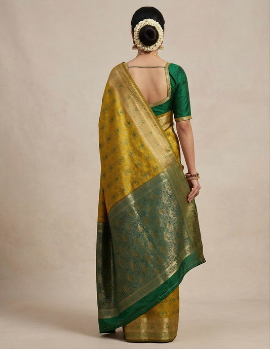 The Royal Mustard Yellow & Emerald Green Kanjivaram Silk Saree