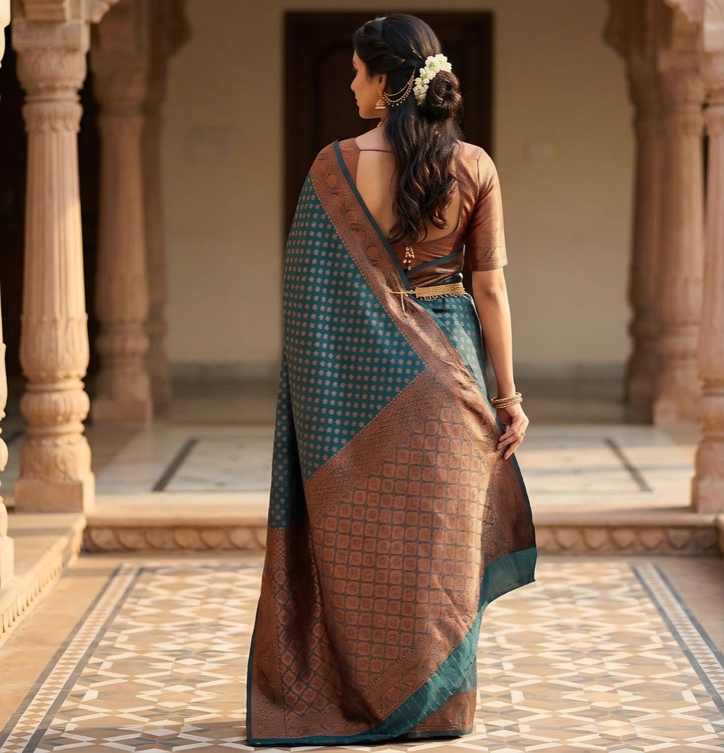 Midnight Teal Kanjivaram Silk Saree with Copper Zari Weave