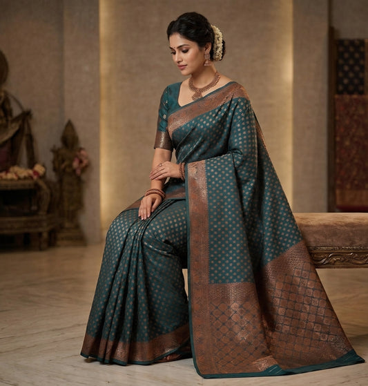 Midnight Teal Kanjivaram Silk Saree with Copper Zari Weave