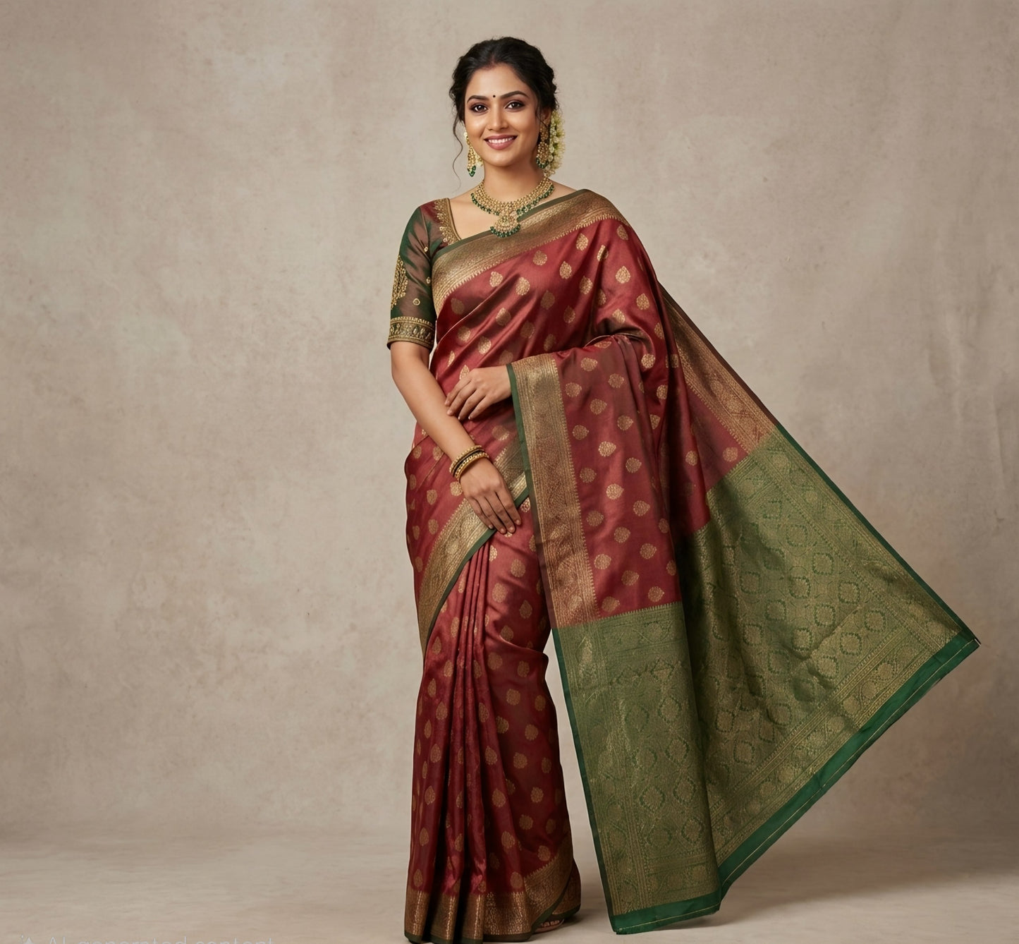 Classic Heritage Maroon & Forest Green Handwoven Silk Saree
