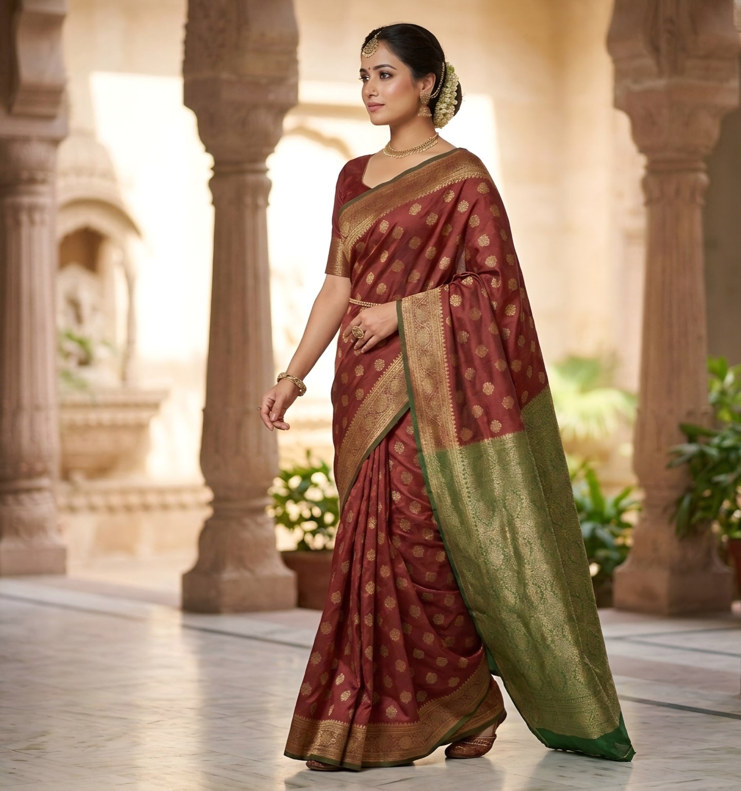 Classic Heritage Maroon & Forest Green Handwoven Silk Saree