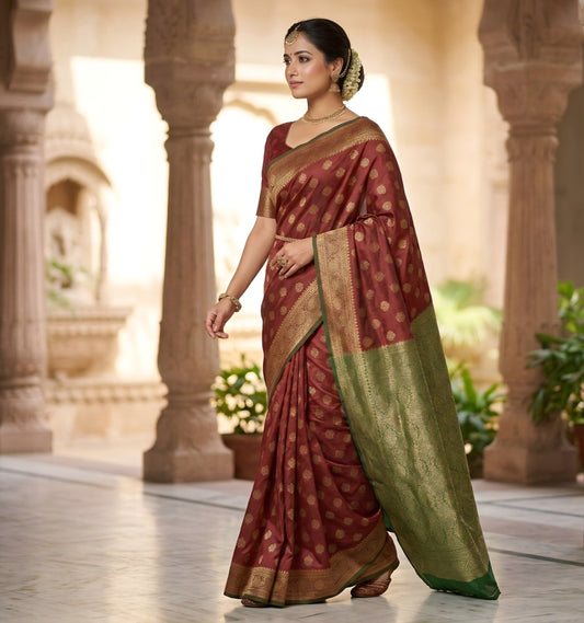 Classic Heritage Maroon & Forest Green Handwoven Silk Saree
