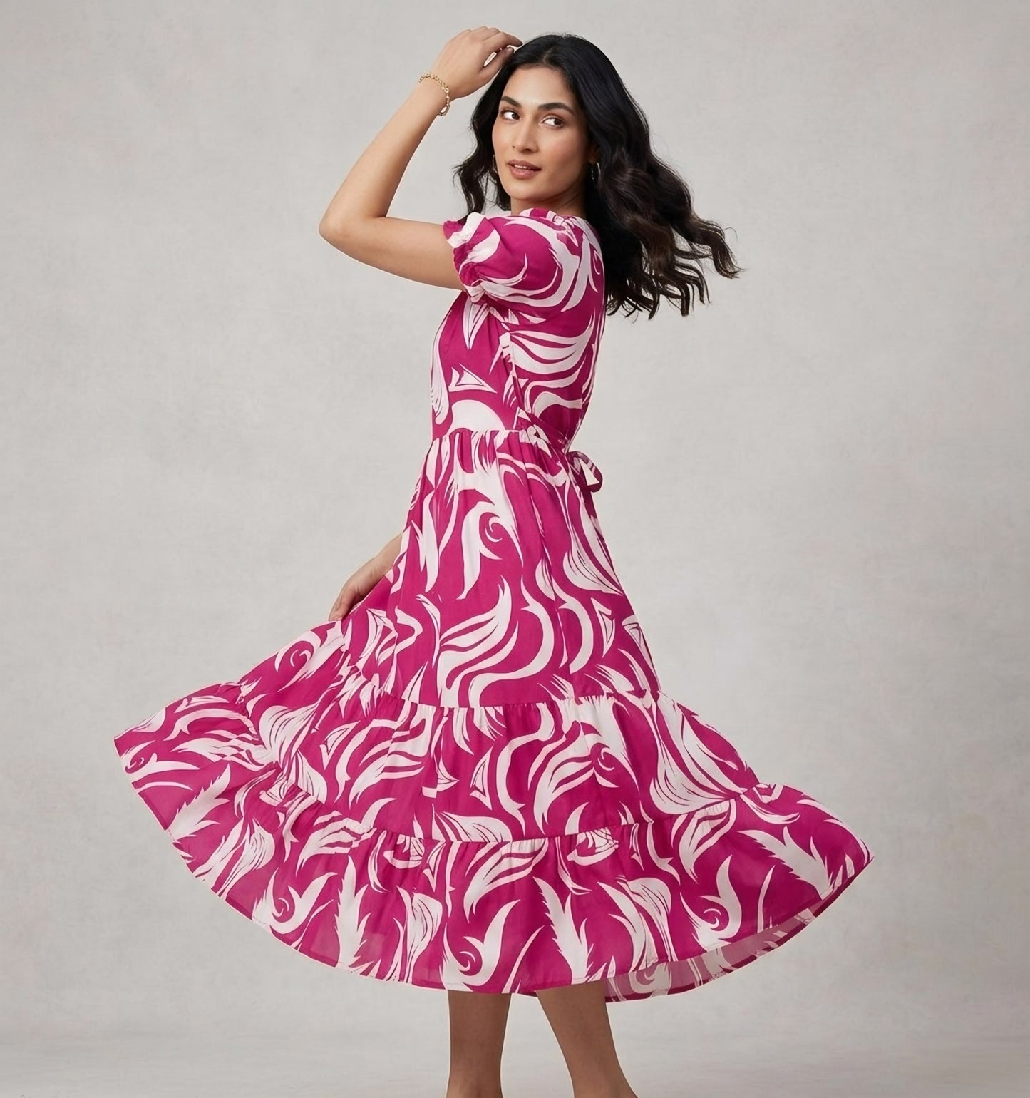 Tropical Swirl Puff-Sleeve Tiered Sundress