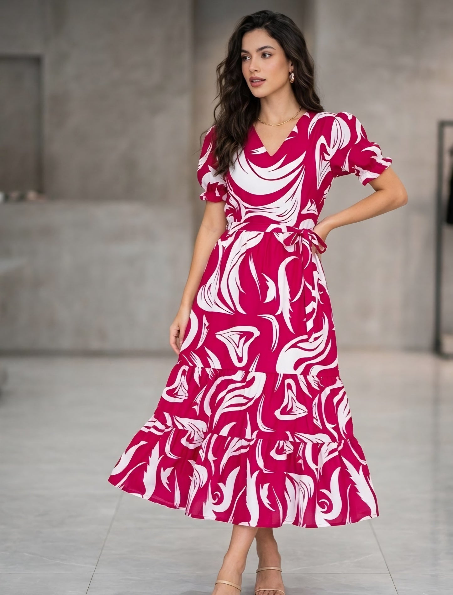 Tropical Swirl Puff-Sleeve Tiered Sundress