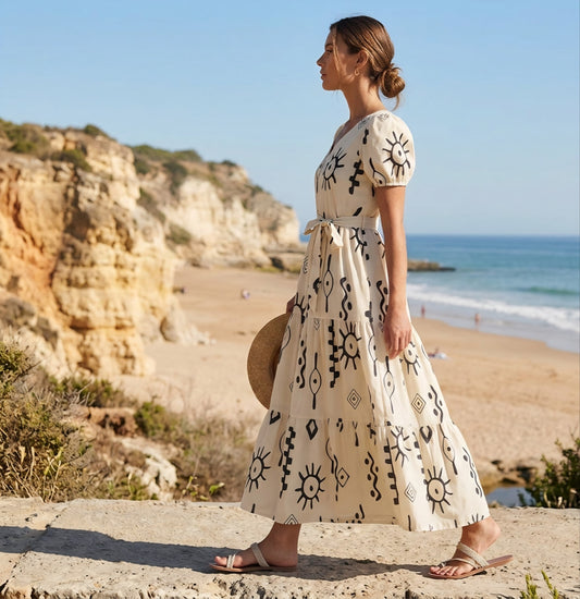 Ivory Celestial Tribal Tiered Midi Dress