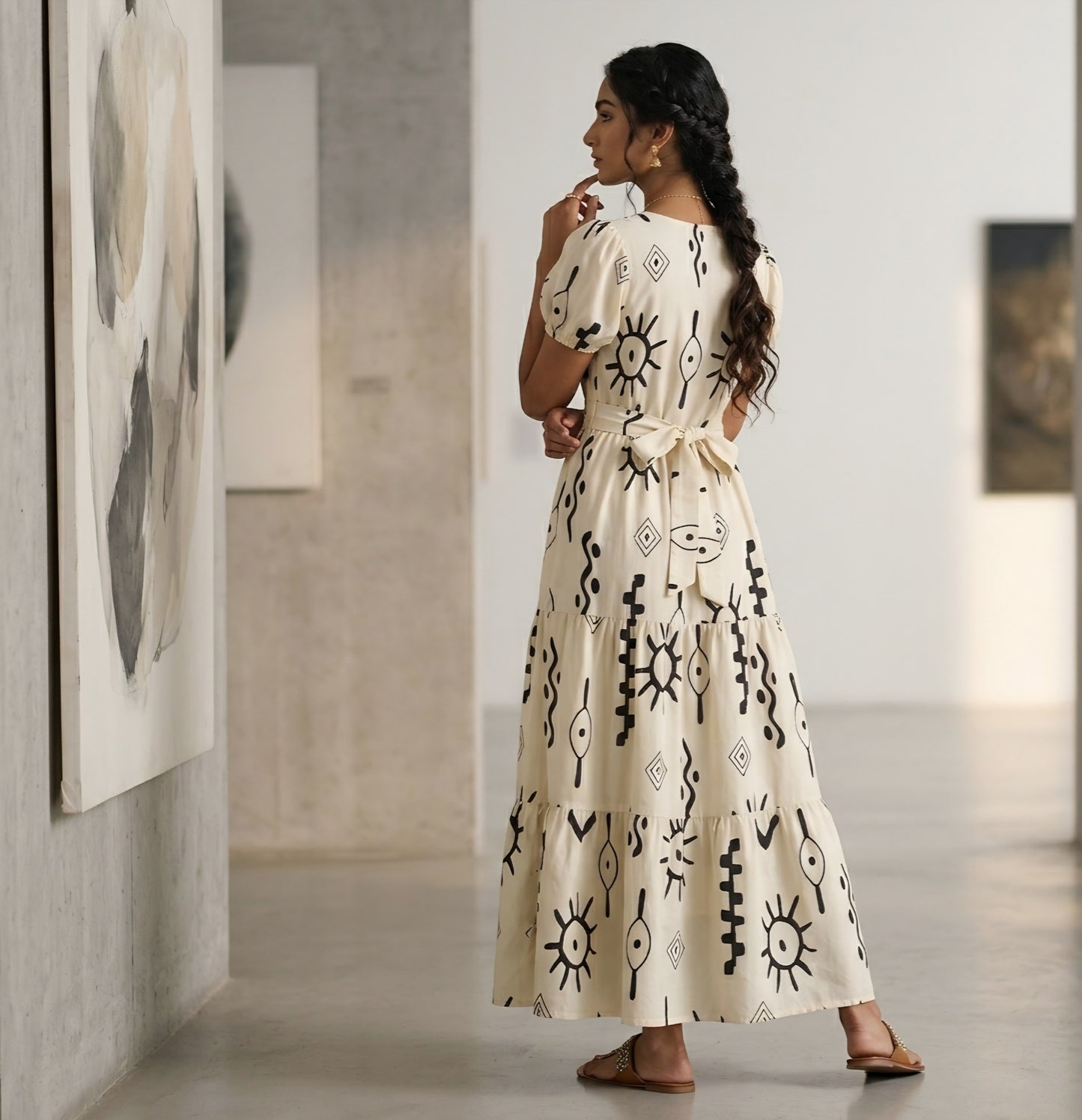 Ivory Celestial Tribal Tiered Midi Dress
