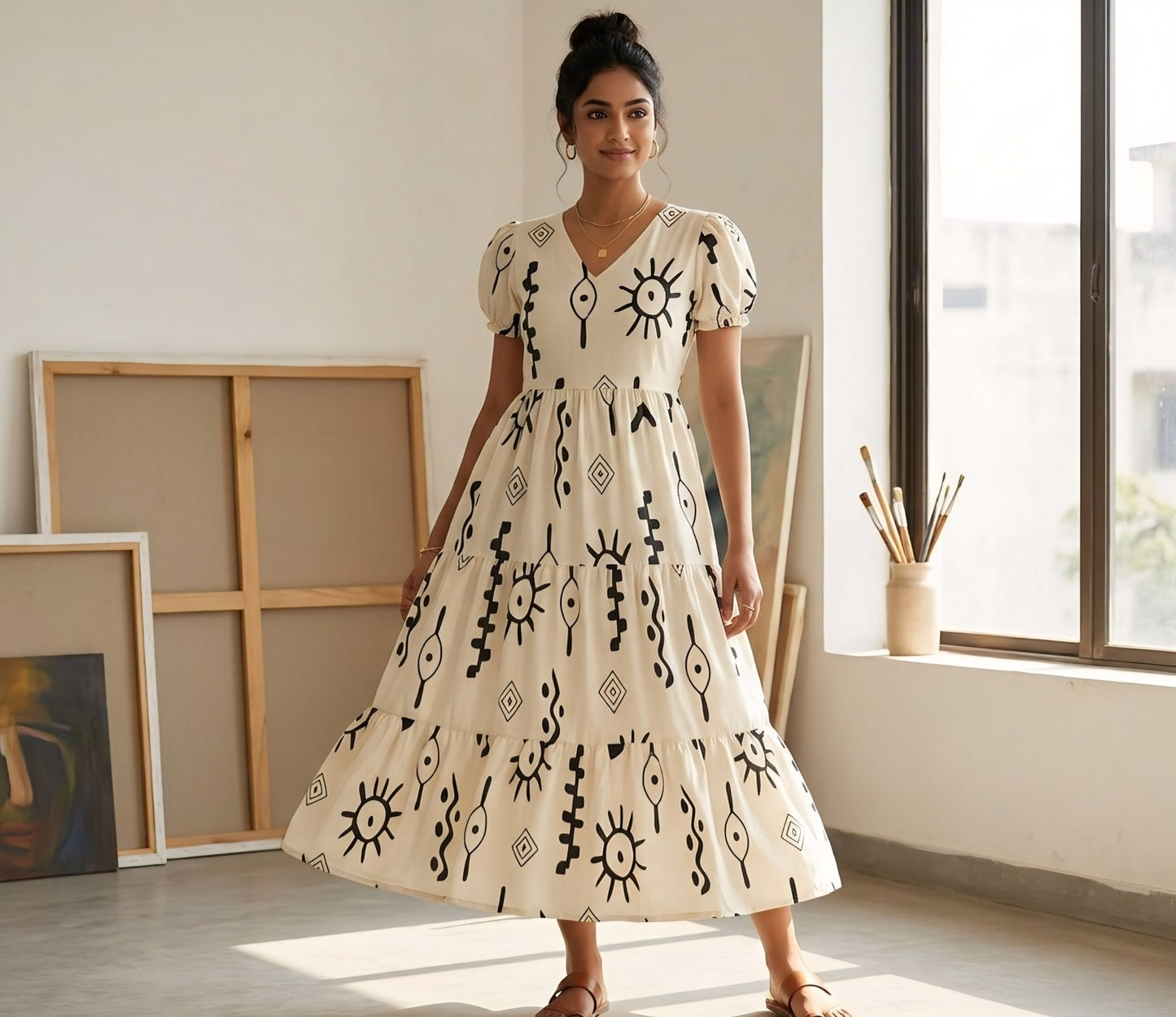Ivory Celestial Tribal Tiered Midi Dress