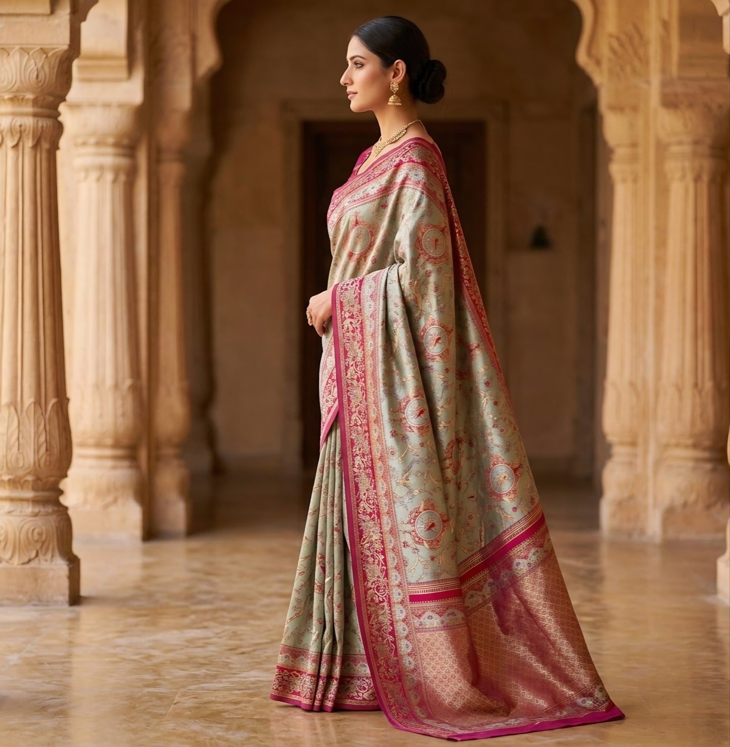 The Royal Sage & Crimson Kanjivaram Silk Saree