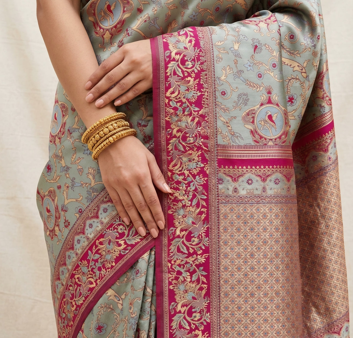 The Royal Sage & Crimson Kanjivaram Silk Saree
