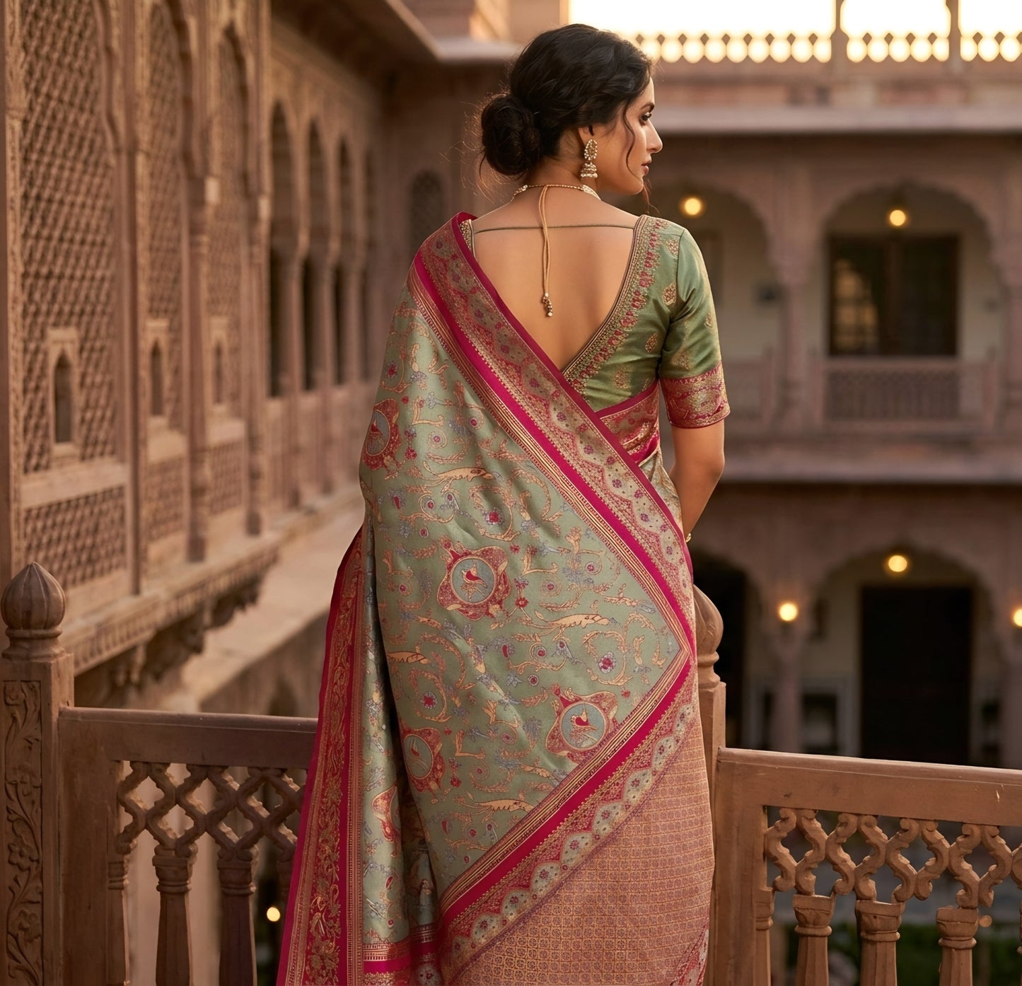 The Royal Sage & Crimson Kanjivaram Silk Saree