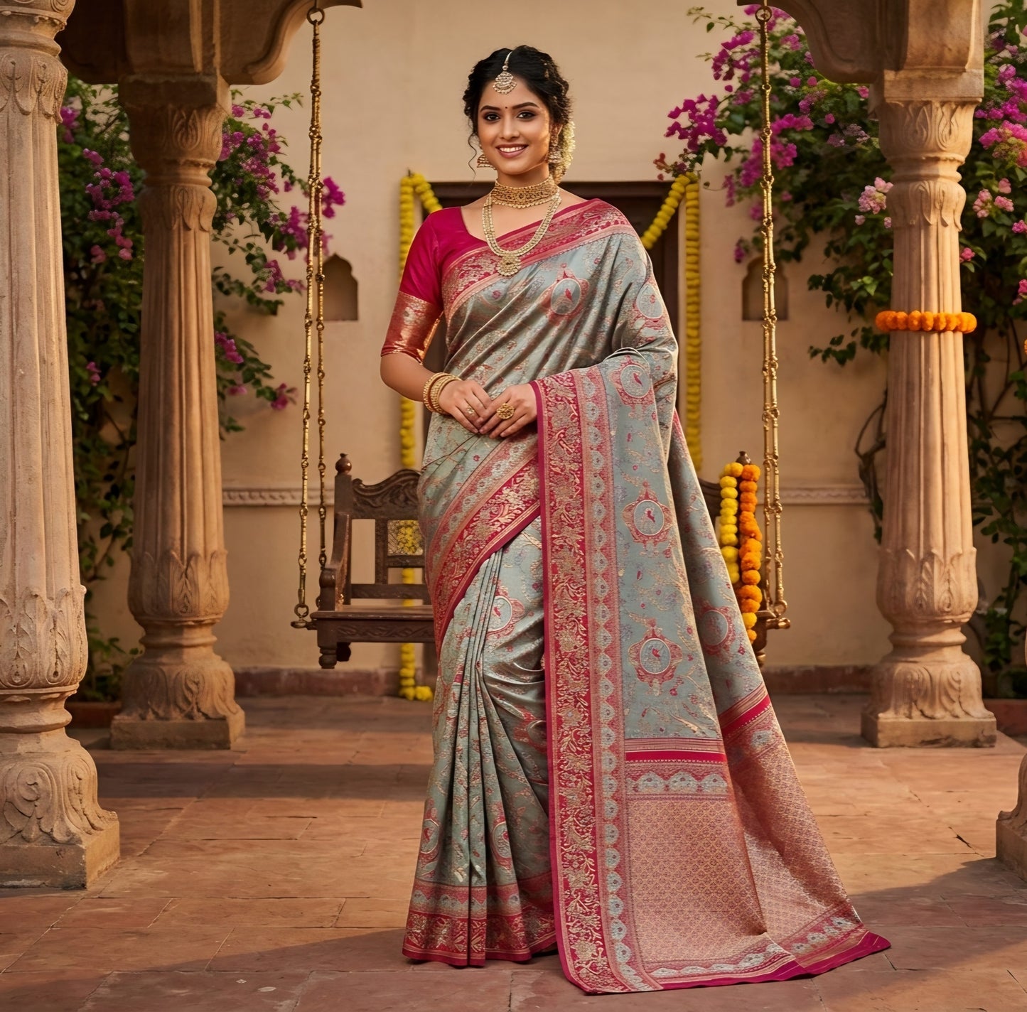 The Royal Sage & Crimson Kanjivaram Silk Saree