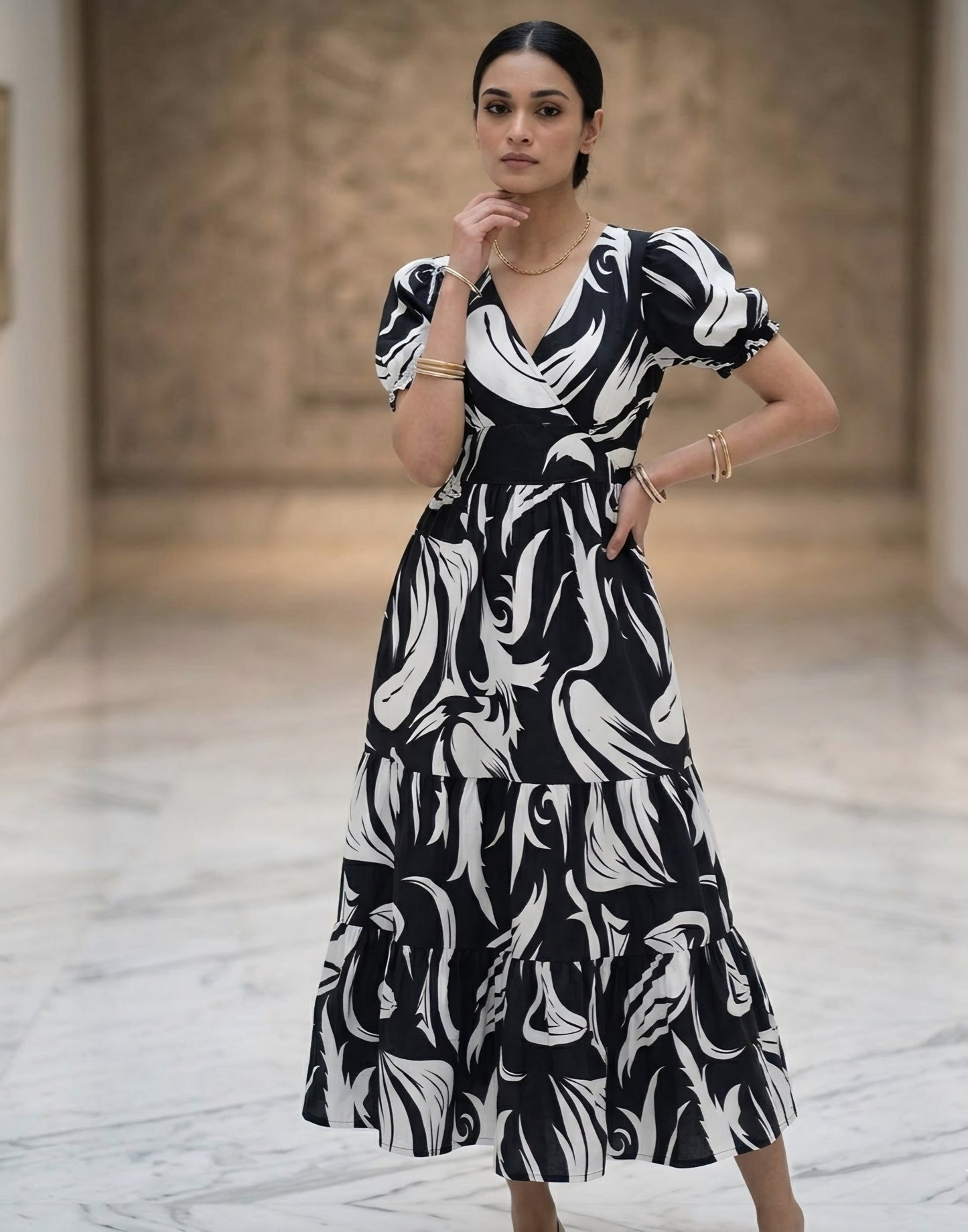 Classic Black & White Puff-Sleeve Sundress