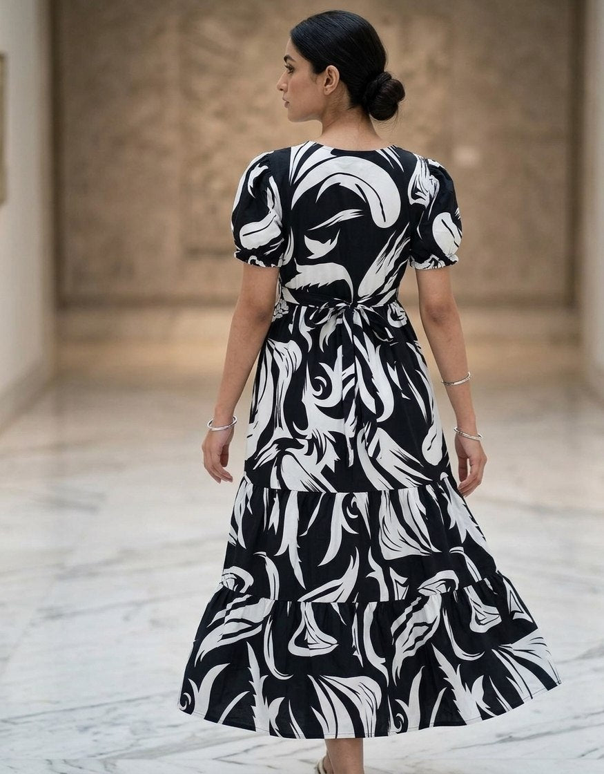 Classic Black & White Puff-Sleeve Sundress
