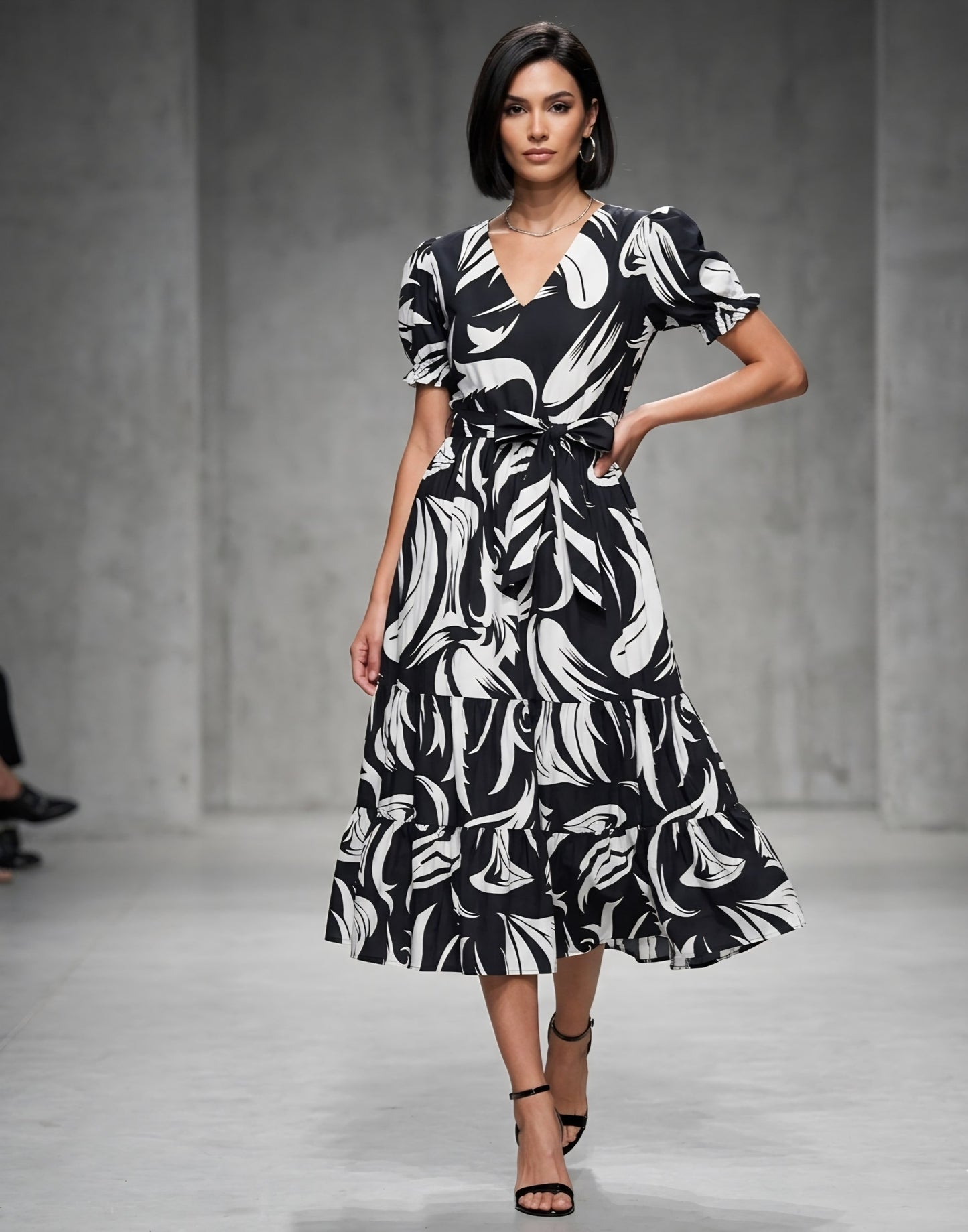 Classic Black & White Puff-Sleeve Sundress