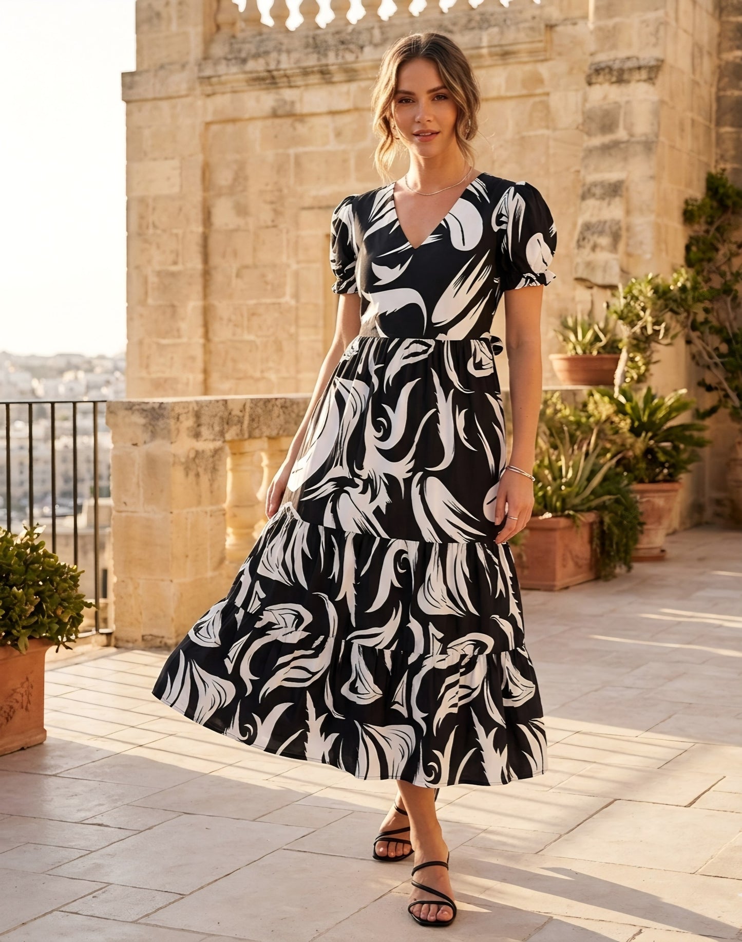 Classic Black & White Puff-Sleeve Sundress