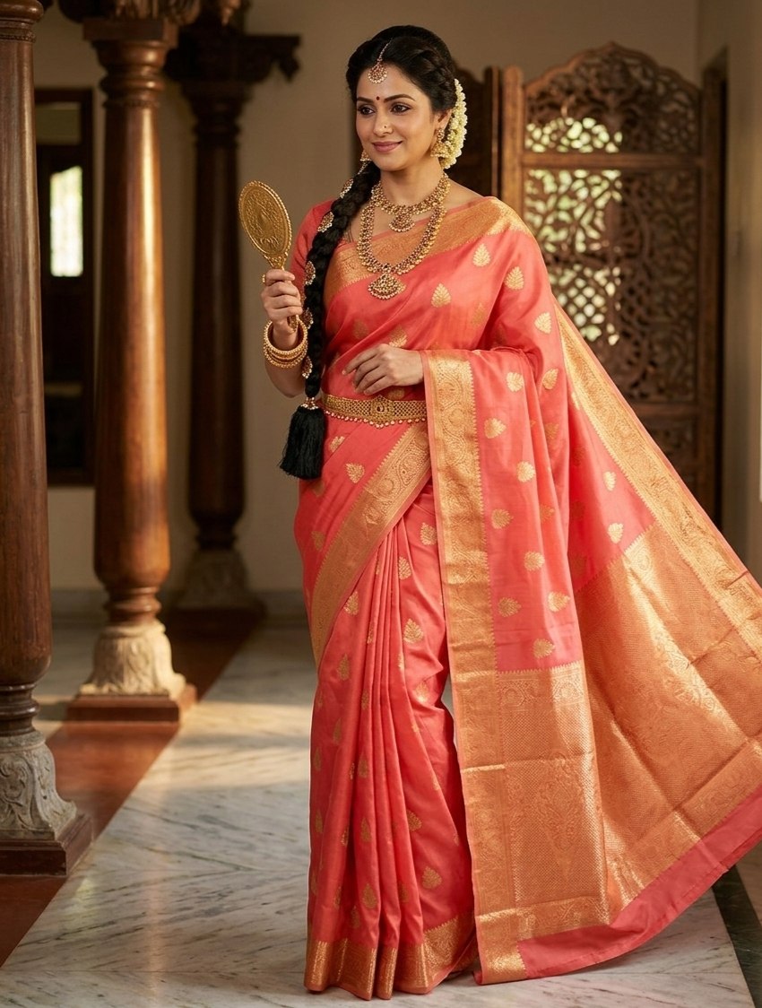 Peach-Coral Woven Silk Saree with Rich Golden Zari Brocade Pallu