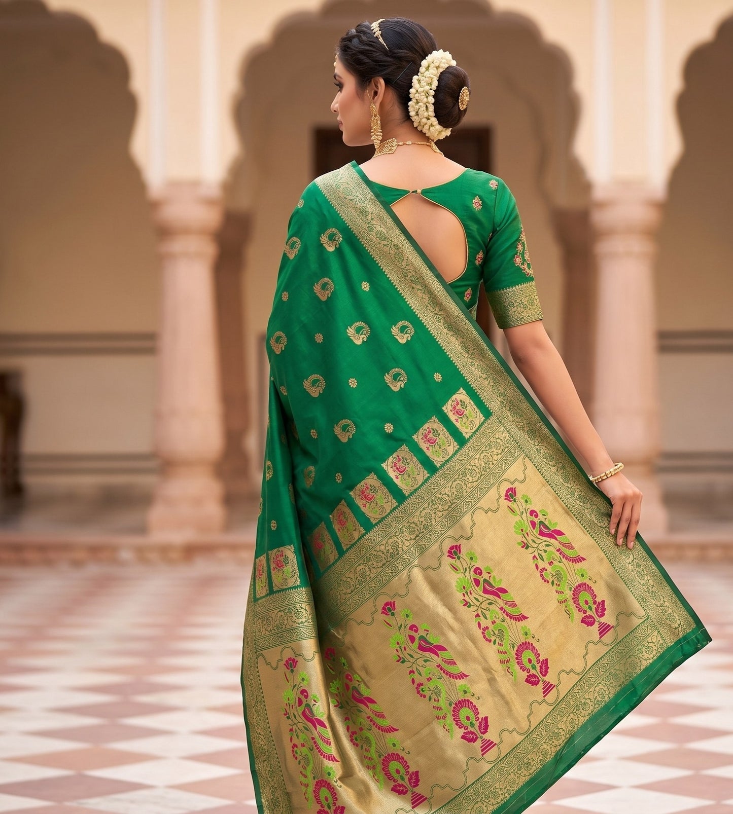 Luminous Emerald Green Silk Saree with Meenakari Peacock Pallu