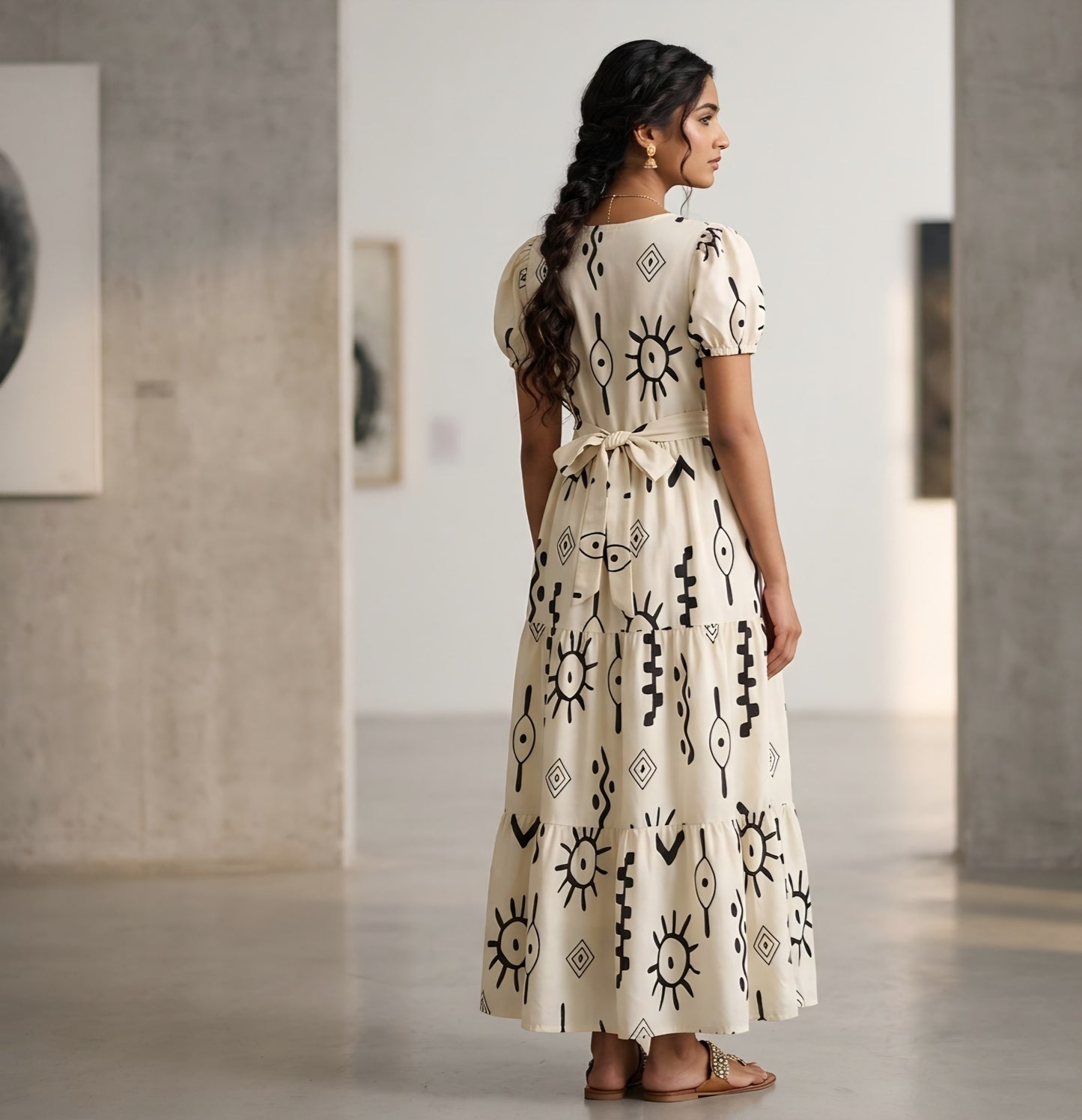 Ivory Celestial Tribal Tiered Midi Dress