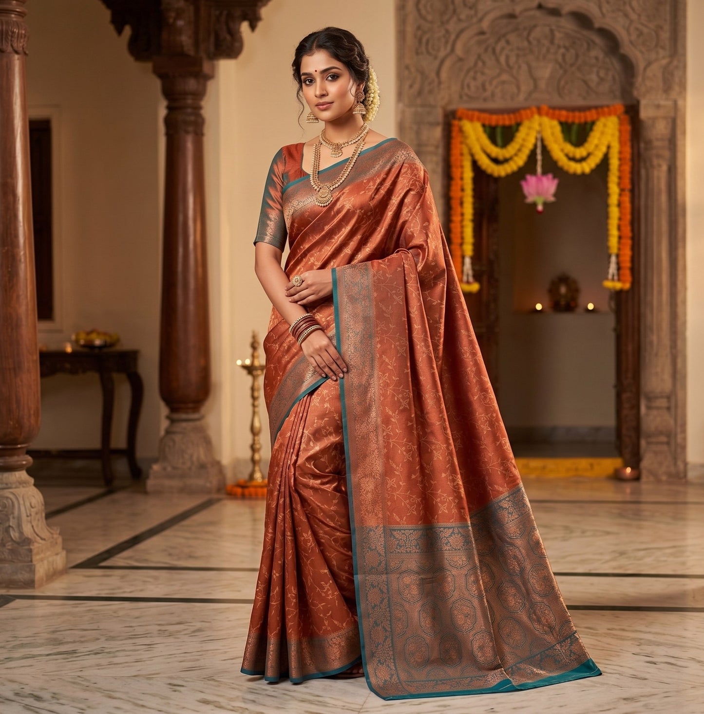 The Rust Copper & Peacock Teal Jacquard Silk Saree