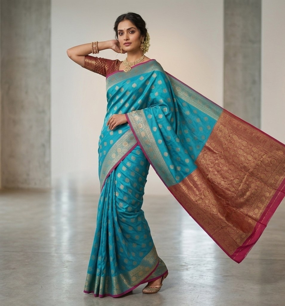 Heritage Turquoise Blue & Crimson Woven Silk Saree