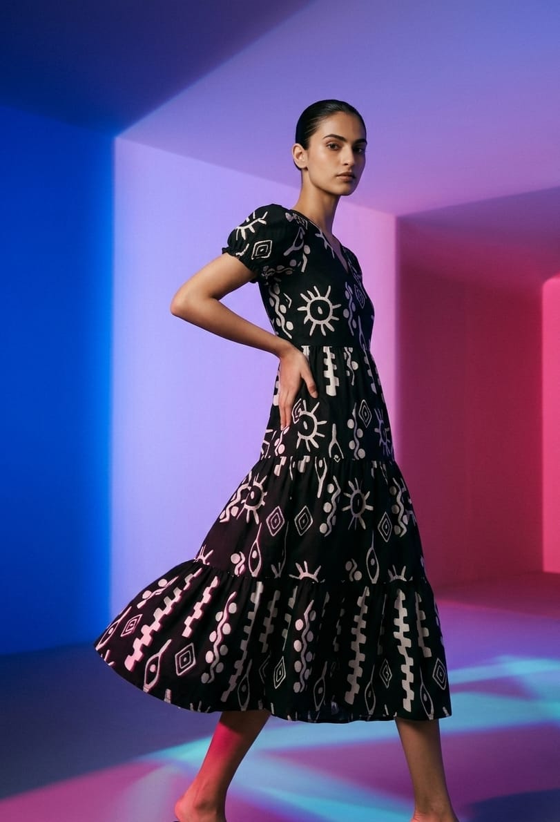 Boho Ethnic Motif Tiered Flare Sundress