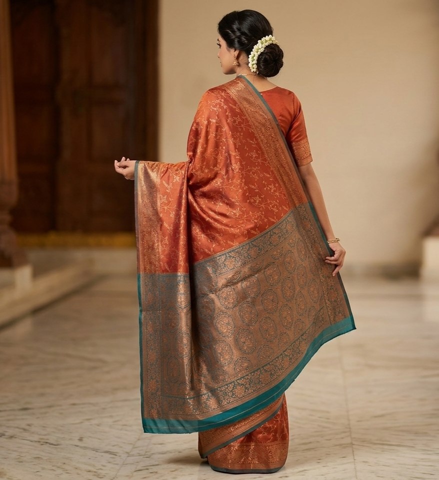 The Rust Copper & Peacock Teal Jacquard Silk Saree