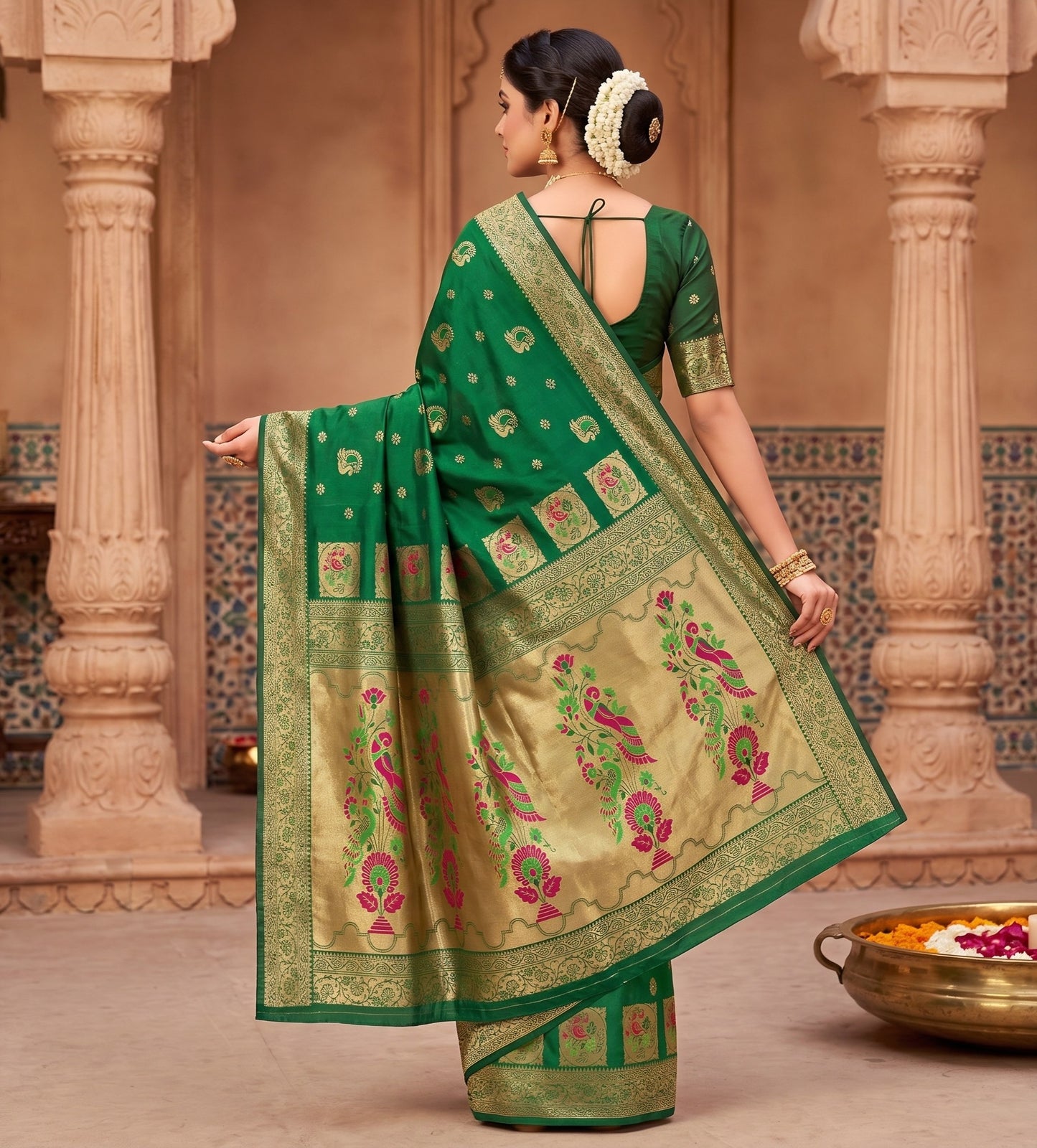 Luminous Emerald Green Silk Saree with Meenakari Peacock Pallu