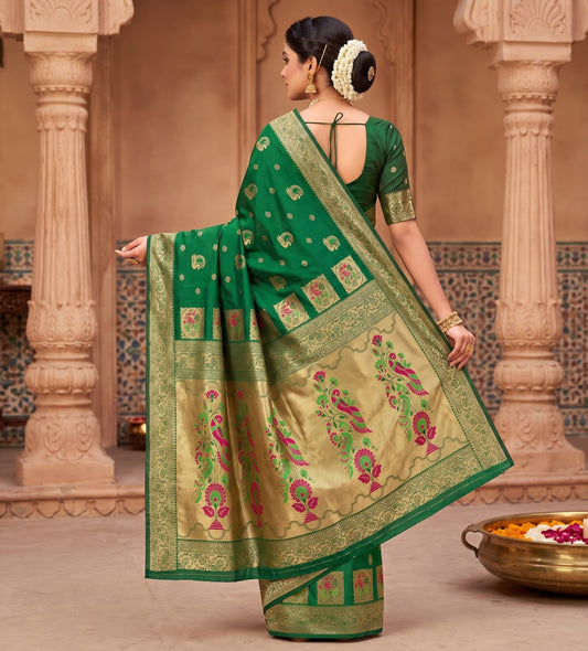 Luminous Emerald Green Silk Saree with Meenakari Peacock Pallu