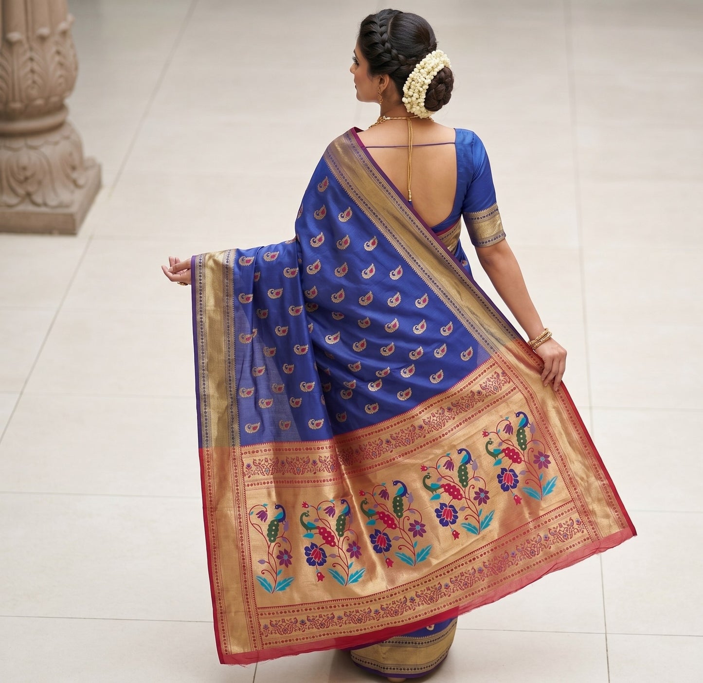 The Royal Blue & Crimson Paithani-Style Silk Saree