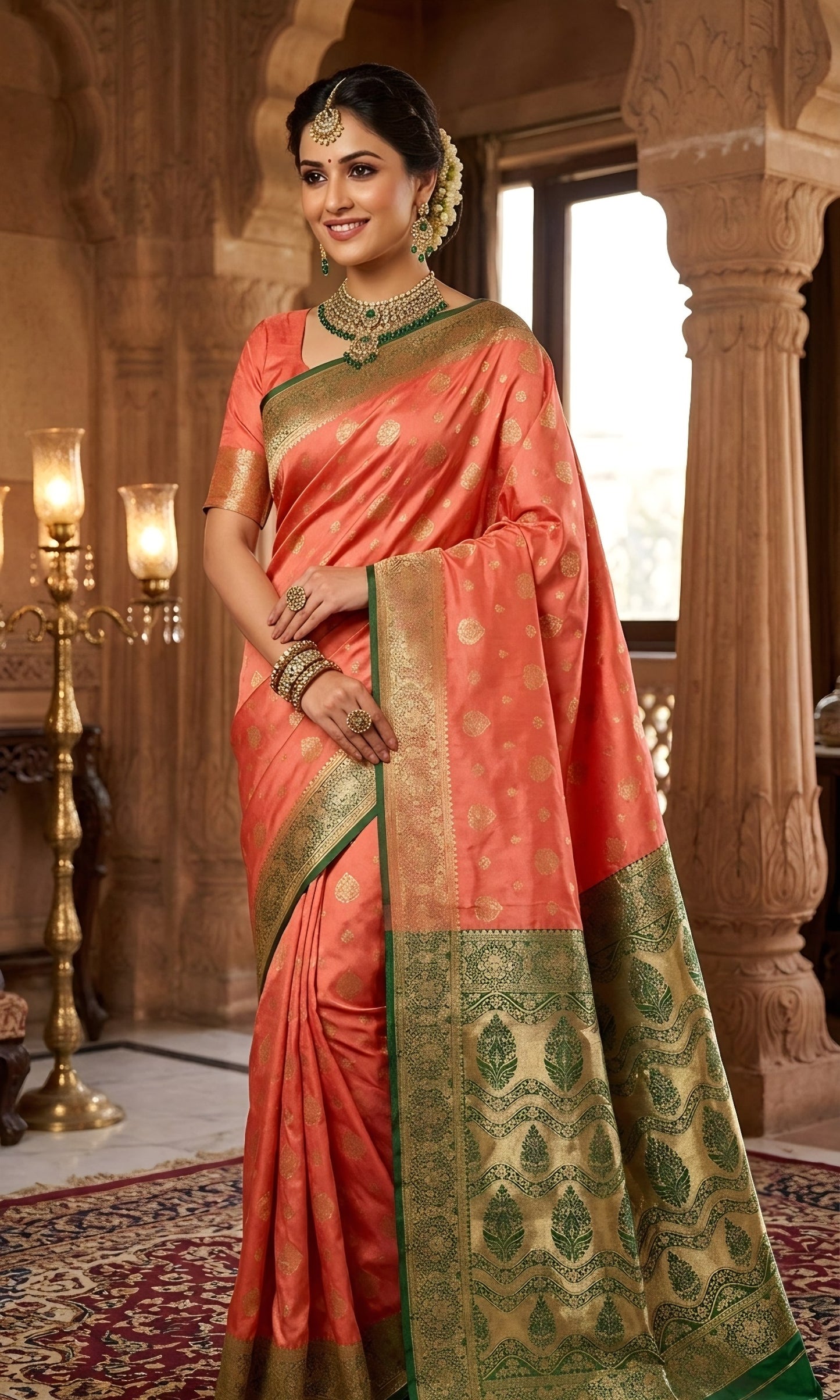 Vibrant Peach-Pink Silk Saree with Contrast Green & Gold Zari Pallu