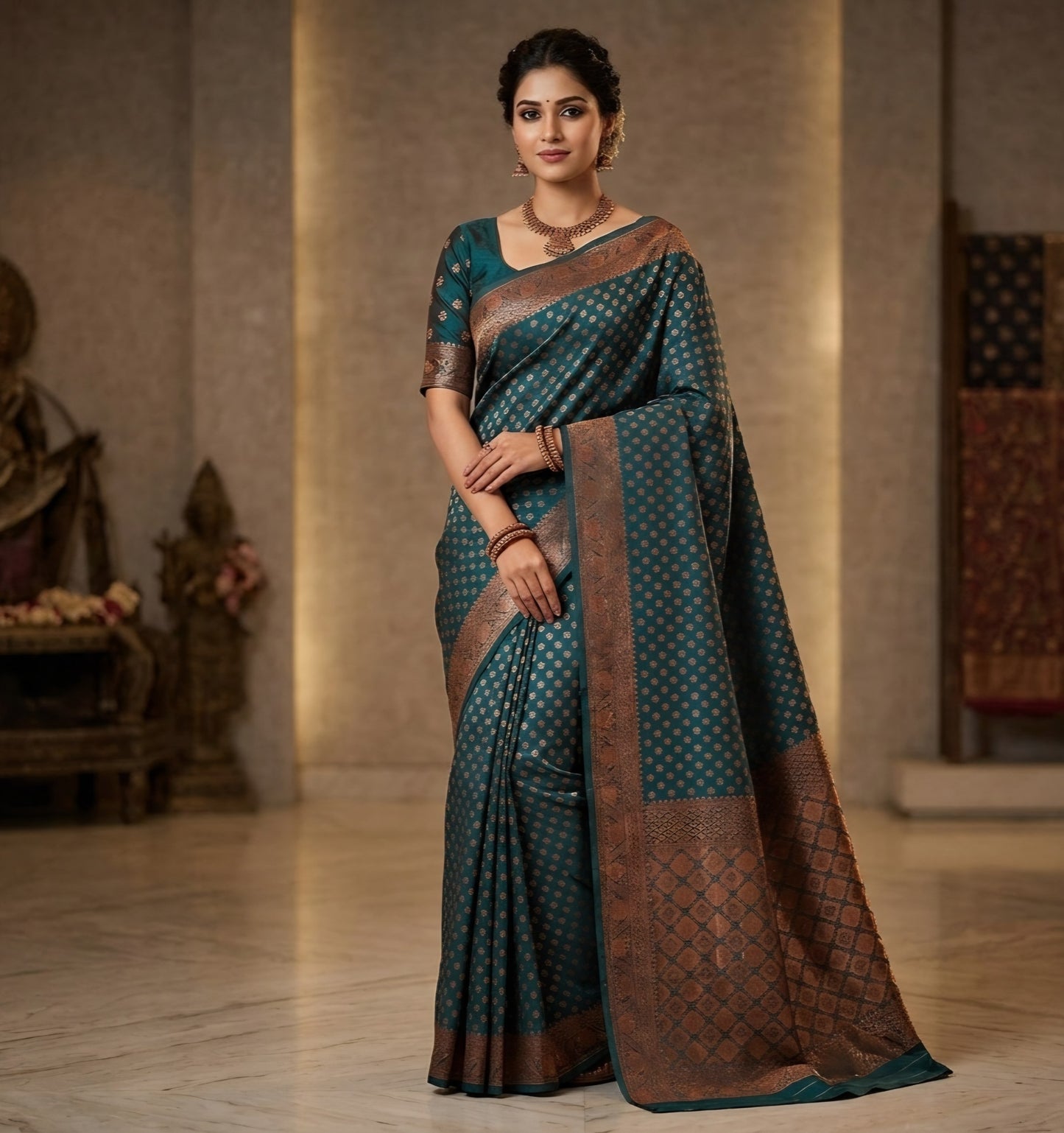 Midnight Teal Kanjivaram Silk Saree with Copper Zari Weave